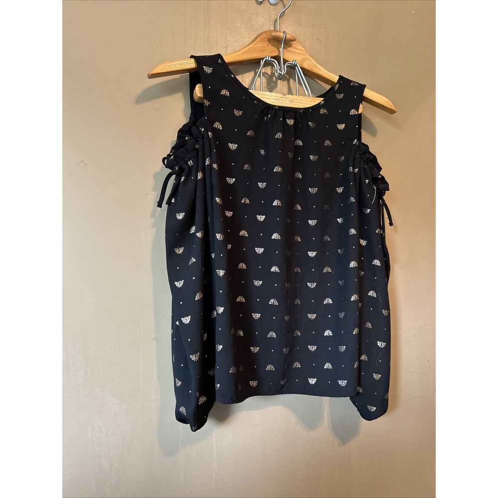Lauren Conrad Gold Foil Bumblebee Cold Shoulder Blouse Black Womens XS